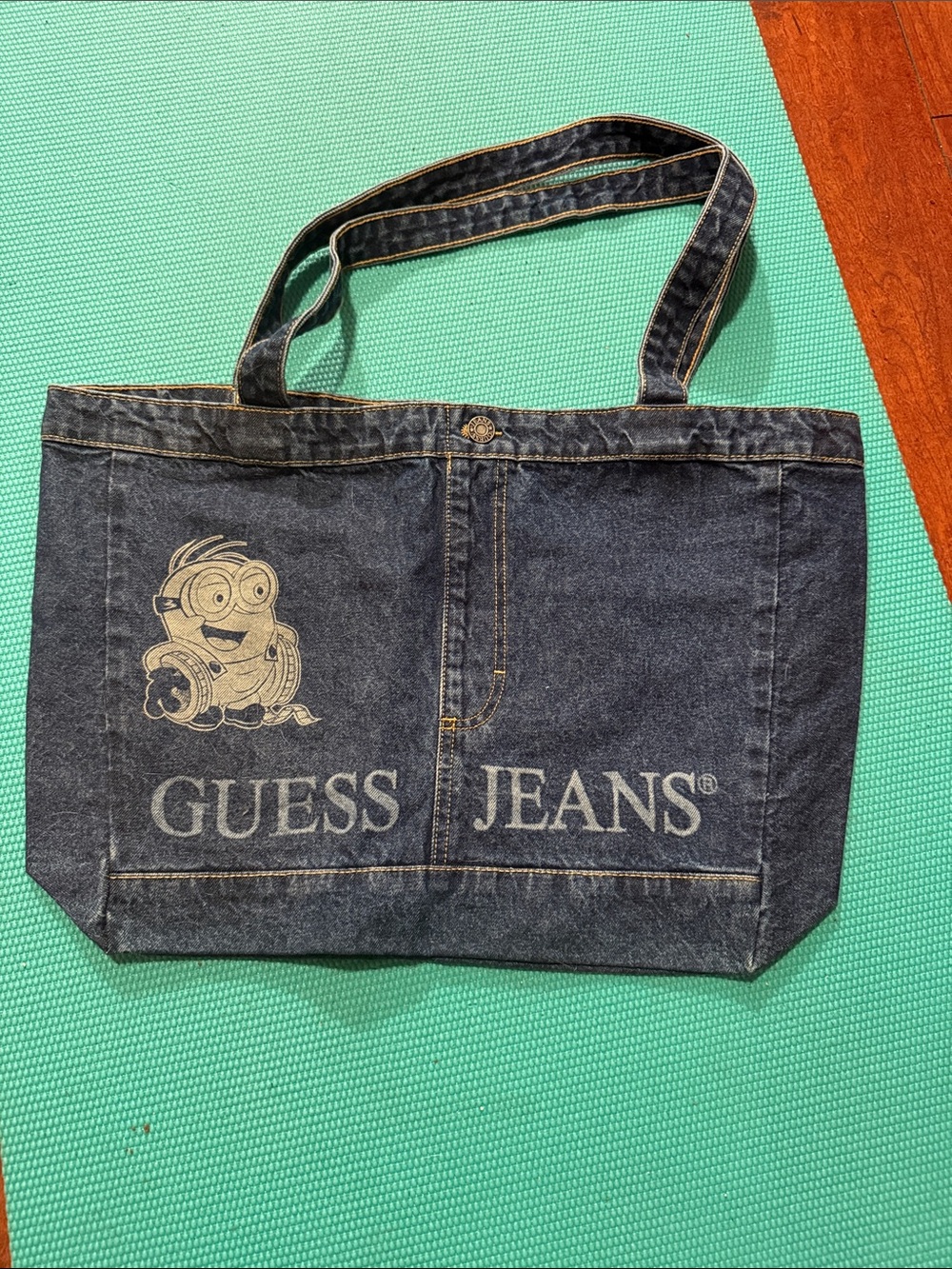 Guess Denim Tote Bag with Printed Minion and Logo - Dark Blue